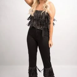 Nylon Black Fringe Crop Top