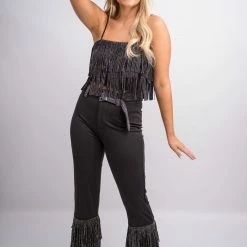 Nylon Black Fringe High Waist Pants