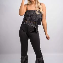 Nylon Black Fringe High Waist Pants 20 Nylon Black Fringe High Waist Pants