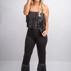 Nylon Black Fringe High Waist Pants 21 Nylon Black Fringe High Waist Pants