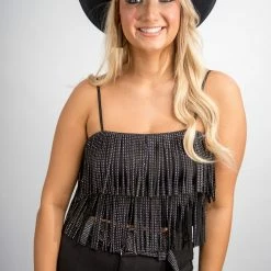 Nylon Black Fringe Crop Top