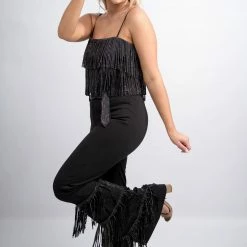 Nylon Black Fringe High Waist Pants 16 Nylon Black Fringe High Waist Pants