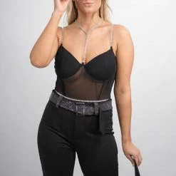 Fashion Wildcat Black Rhinestone Bodysuit New Arrivals
