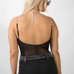 Fashion Wildcat Black Rhinestone Bodysuit New Arrivals