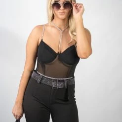 Fashion Wildcat Black Rhinestone Bodysuit New Arrivals
