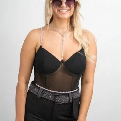Fashion Wildcat Black Rhinestone Bodysuit New Arrivals