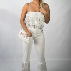Nylon New Arrivals White Fringe High Waist Pants
