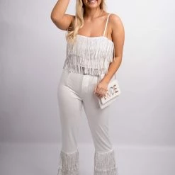 Nylon New Arrivals White Fringe High Waist Pants