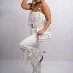 Nylon New Arrivals White Fringe High Waist Pants