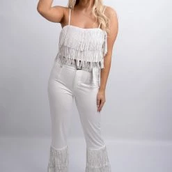 Nylon New Arrivals White Fringe High Waist Pants