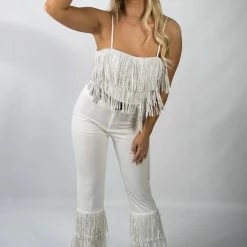 Nylon New Arrivals White Fringe High Waist Pants