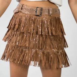 Nylon Taupe Fringe Skirt New Arrivals