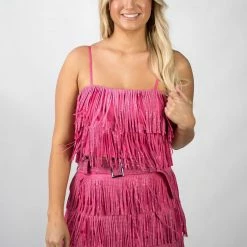 Nylon New Arrivals Fuchsia Fringe Crop Top