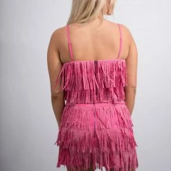 Nylon New Arrivals Fuchsia Fringe Crop Top