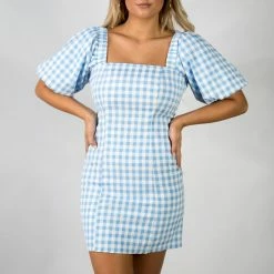 Lena Blue/White Tartan Balloon Sleeve Dress New Arrivals