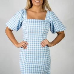 Lena Blue/White Tartan Balloon Sleeve Dress New Arrivals