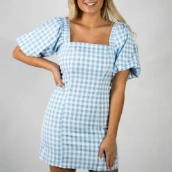 Lena Blue/White Tartan Balloon Sleeve Dress New Arrivals
