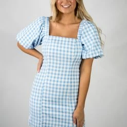 Lena Blue/White Tartan Balloon Sleeve Dress New Arrivals