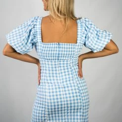 Lena Blue/White Tartan Balloon Sleeve Dress New Arrivals