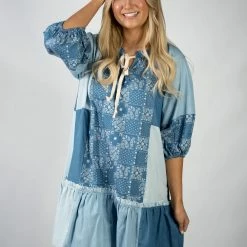 Gigio Light Denim Block & Pattern Dress 6 Gigio Light Denim Block & Pattern Dress