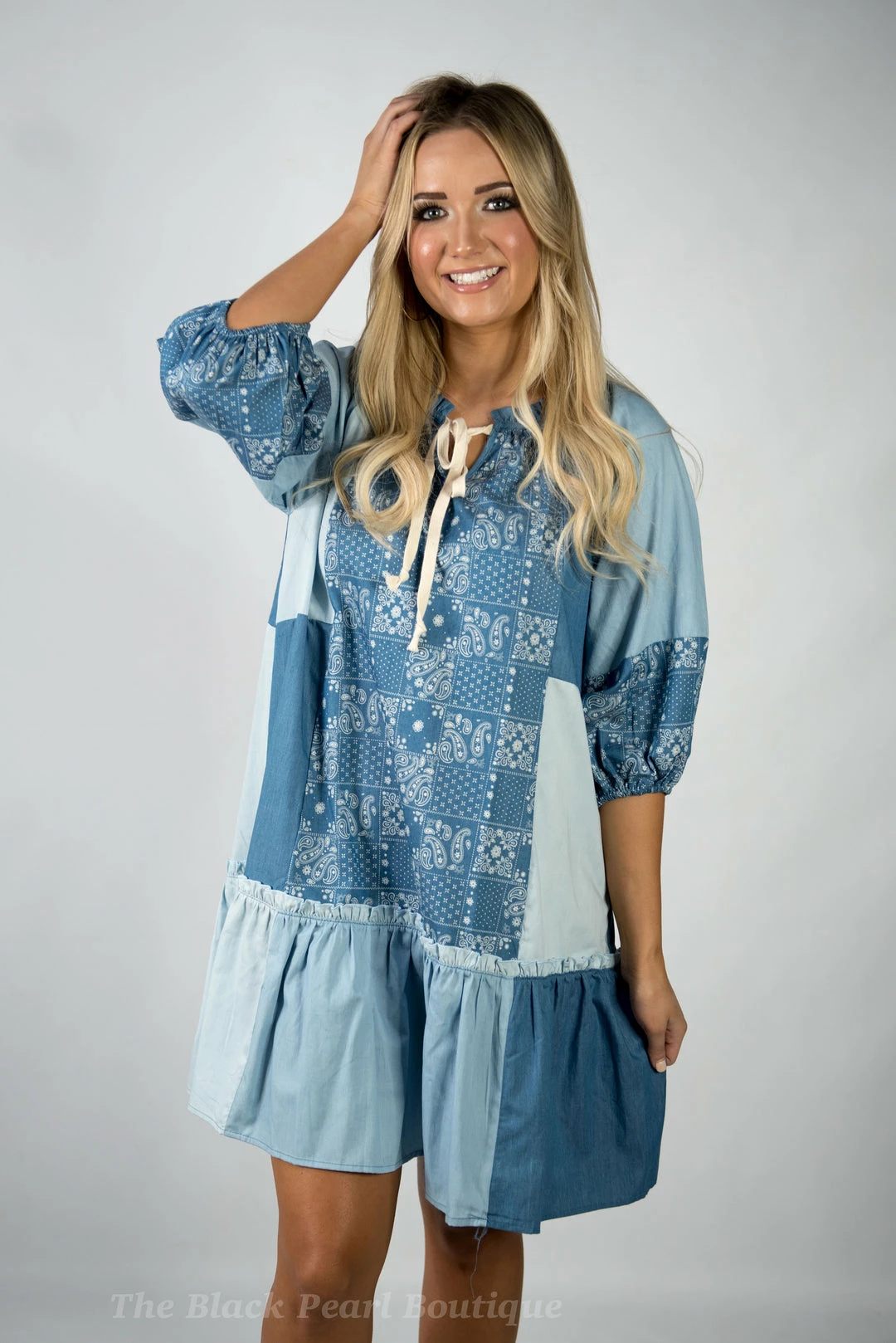 Gigio Light Denim Block & Pattern Dress 3 Gigio Light Denim Block & Pattern Dress