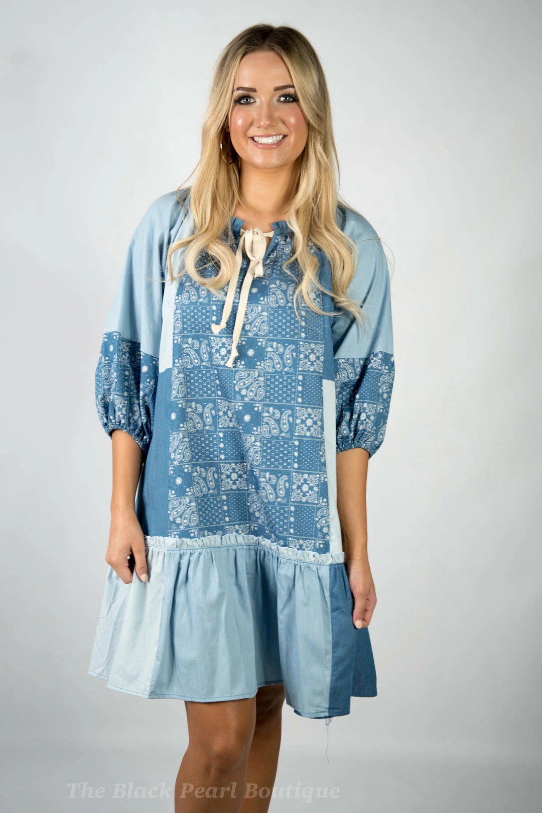Gigio Light Denim Block & Pattern Dress 2 Gigio Light Denim Block & Pattern Dress