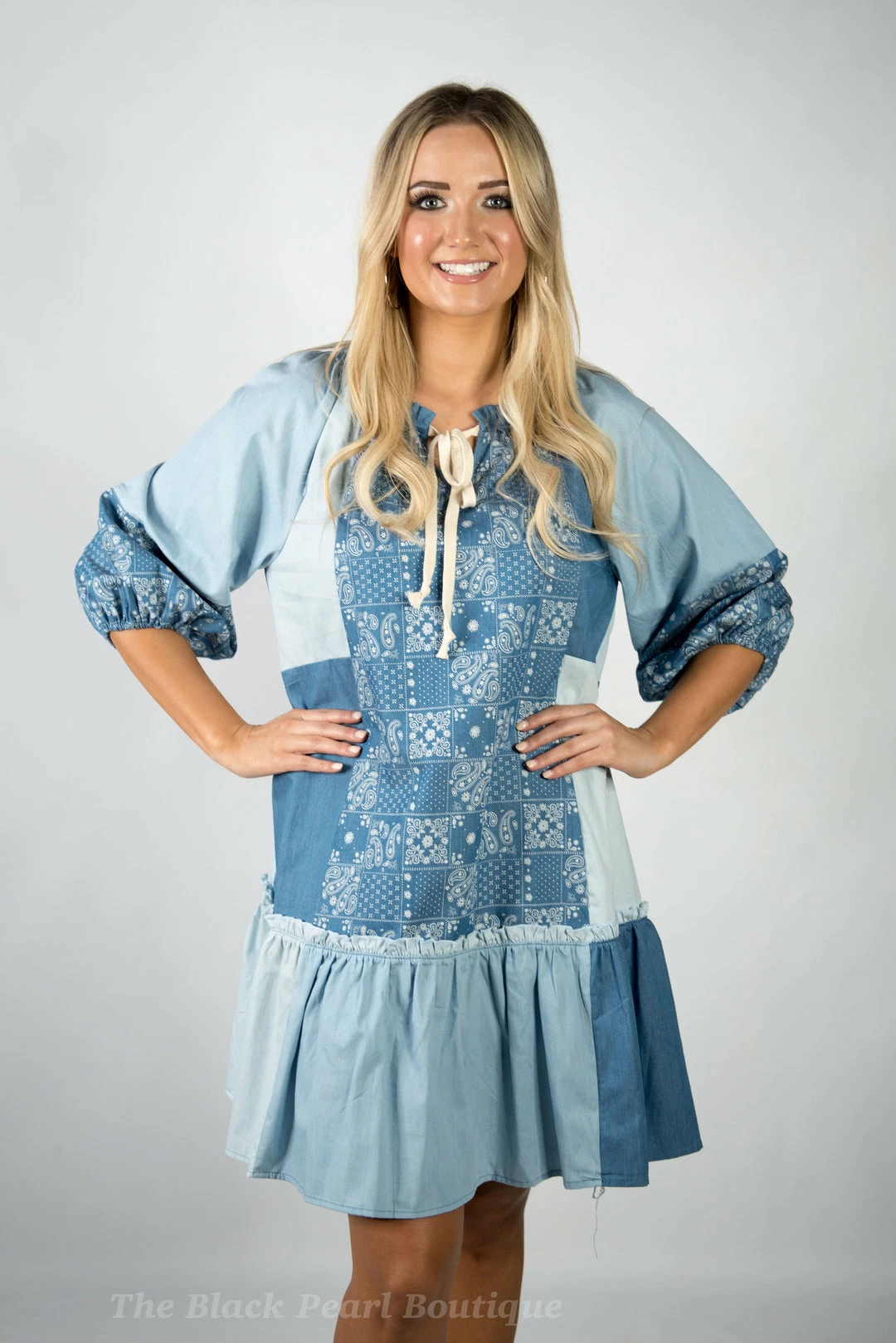 Gigio Light Denim Block & Pattern Dress 4 Gigio Light Denim Block & Pattern Dress