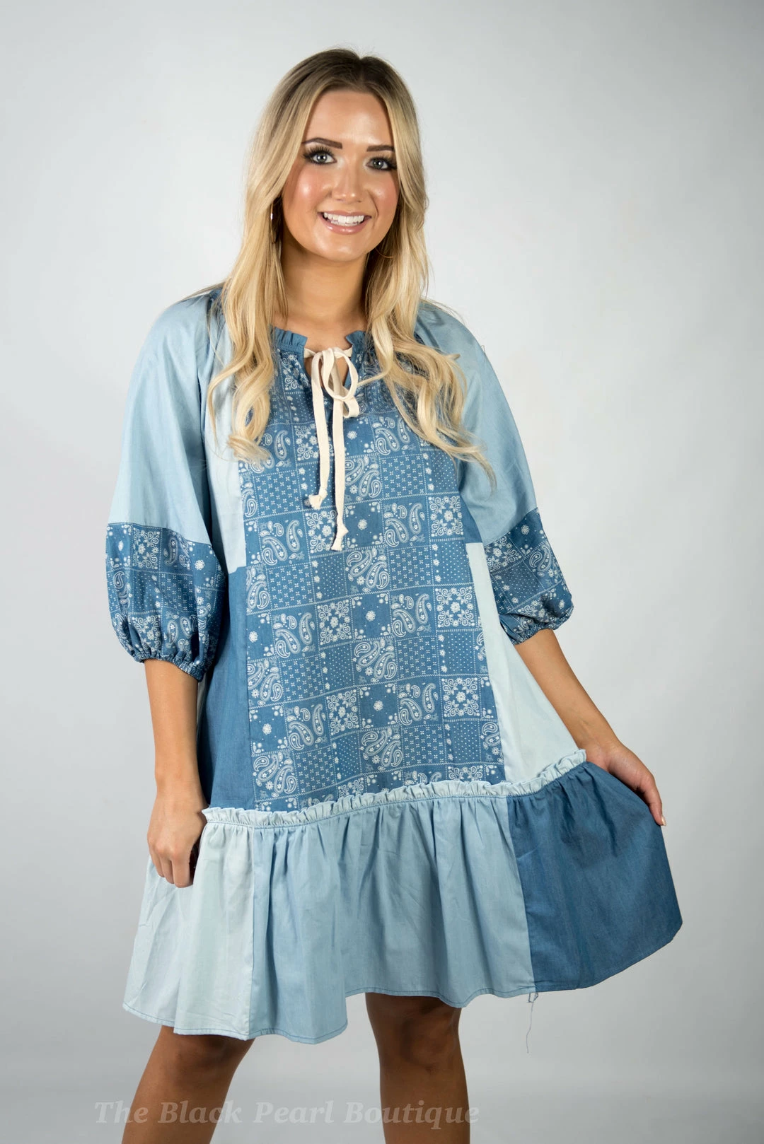 Gigio Light Denim Block & Pattern Dress 1 Gigio Light Denim Block & Pattern Dress