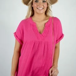 Entro New Arrivals Hot Pink V Neck Top