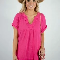 Entro New Arrivals Hot Pink V Neck Top