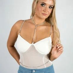 Fashion Wildcat White Rhinestone Bodysuit