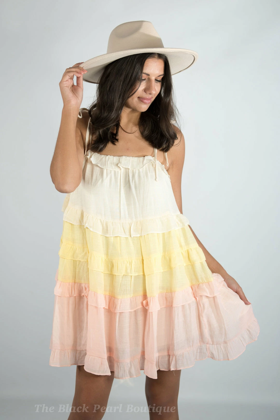 Peach Love Taupe/Yellow/Pink Ruffled Dress New Arrivals 3 Peach Love Taupe/Yellow/Pink Ruffled Dress New Arrivals