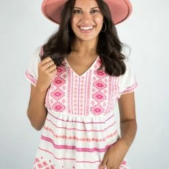 Andree By Unit New Arrivals Ivory/Magenta Embroidered Top