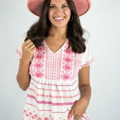 Andree By Unit New Arrivals Ivory/Magenta Embroidered Top