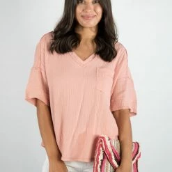 Very J Blush Frayed Pocket Top New Arrivals
