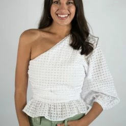 Entro New Arrivals White Gingham One Shoulder Top