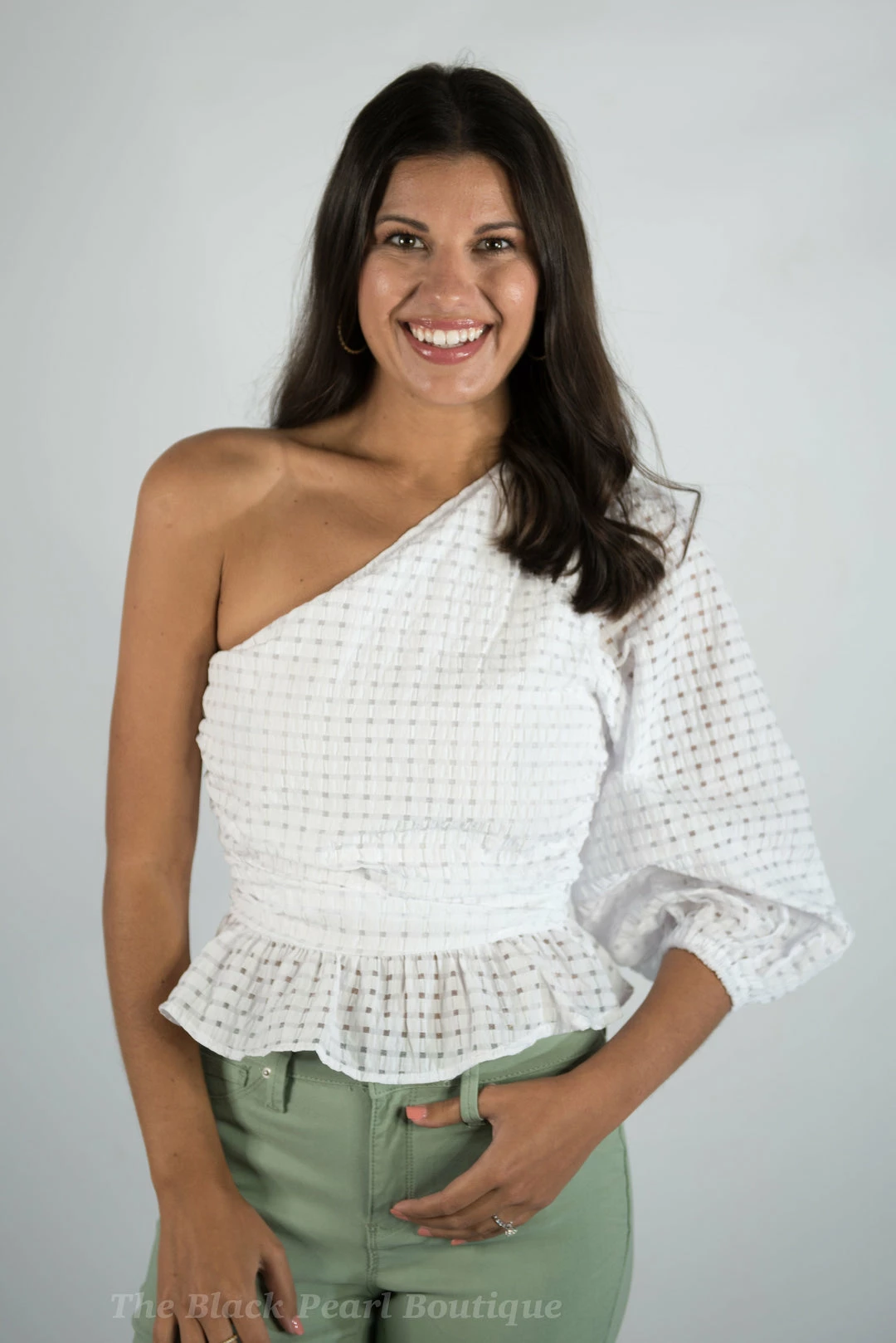 Entro New Arrivals White Gingham One Shoulder Top 1 Entro New Arrivals White Gingham One Shoulder Top