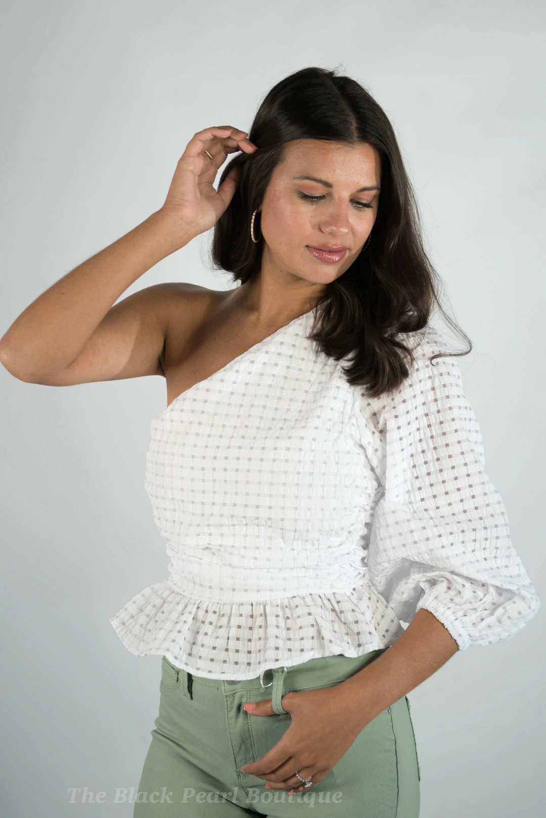 Entro New Arrivals White Gingham One Shoulder Top 3 Entro New Arrivals White Gingham One Shoulder Top