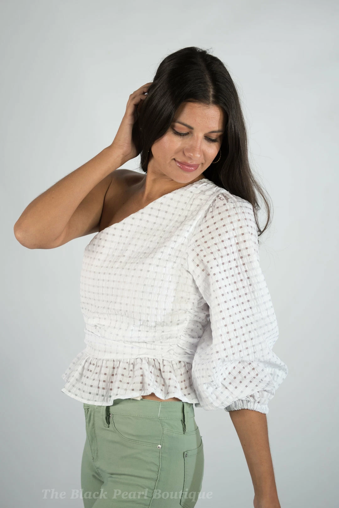 Entro New Arrivals White Gingham One Shoulder Top 6 Entro New Arrivals White Gingham One Shoulder Top