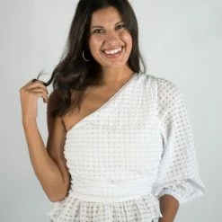 Entro New Arrivals White Gingham One Shoulder Top