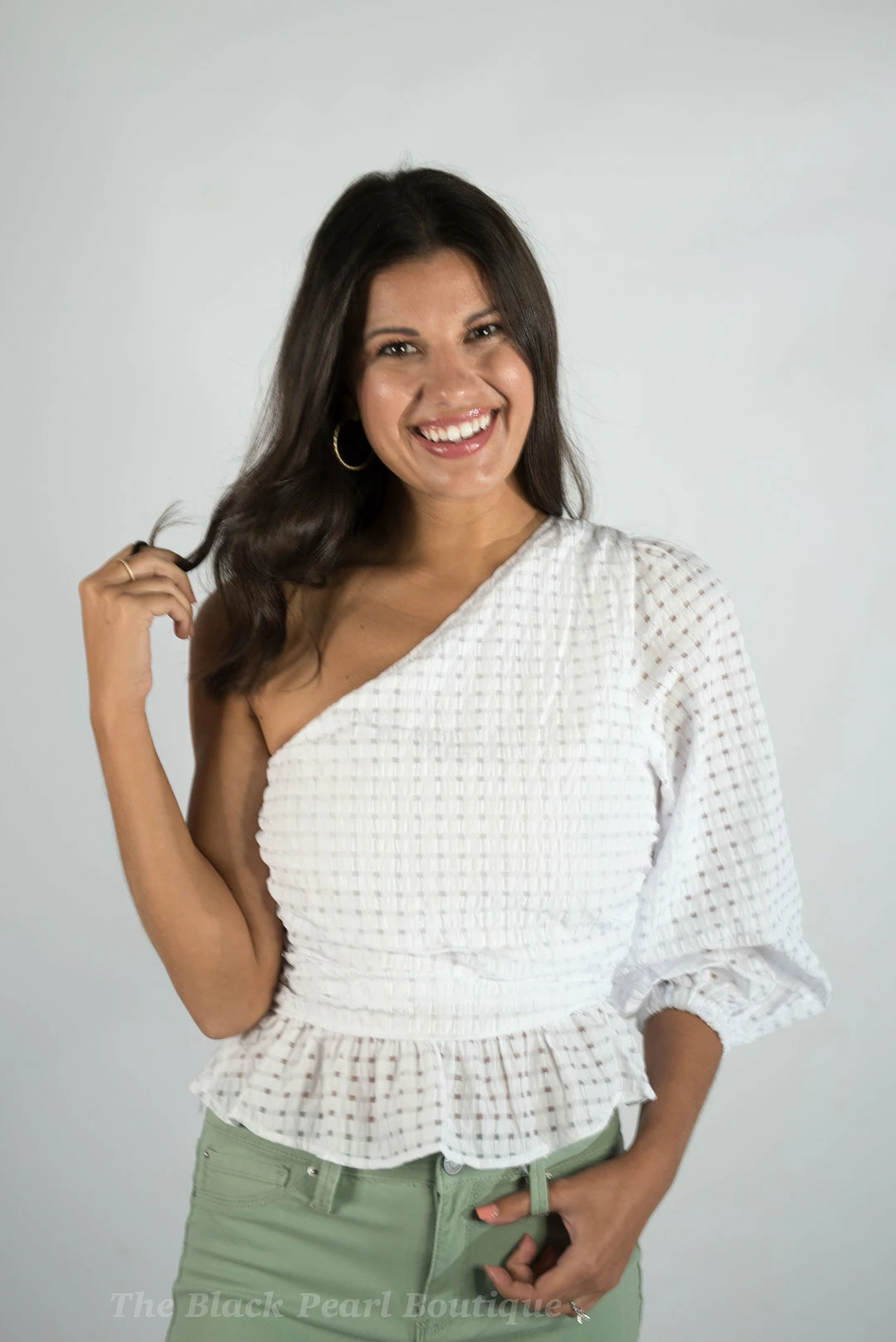 Entro New Arrivals White Gingham One Shoulder Top 2 Entro New Arrivals White Gingham One Shoulder Top