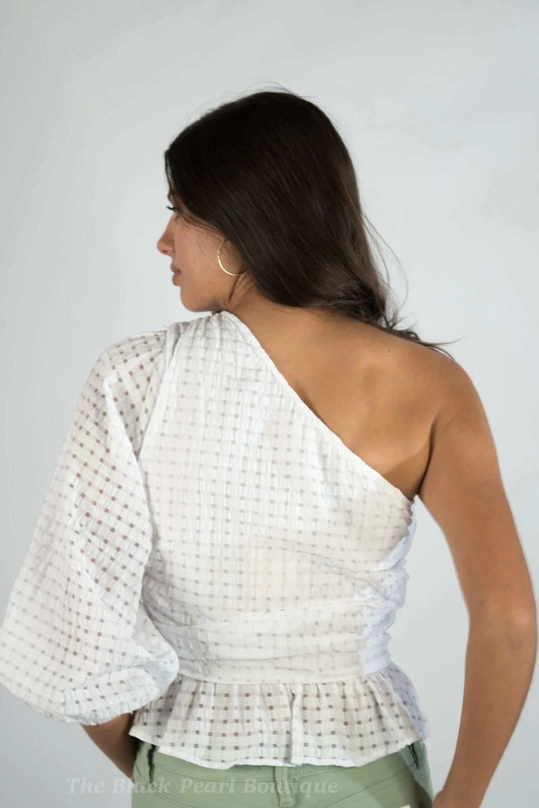 Entro New Arrivals White Gingham One Shoulder Top 4 Entro New Arrivals White Gingham One Shoulder Top