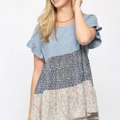 Gigio Denim Blue Floral Top New Arrivals