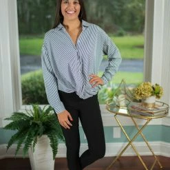 Pink Stitch Navy/White Striped Button Down