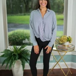 Pink Stitch Navy/White Striped Button Down