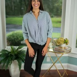 Pink Stitch Navy/White Striped Button Down