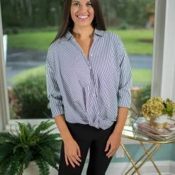 Pink Stitch Navy/White Striped Button Down