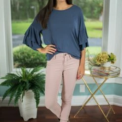Timing Navy Ruffle Sleeve Top Tops