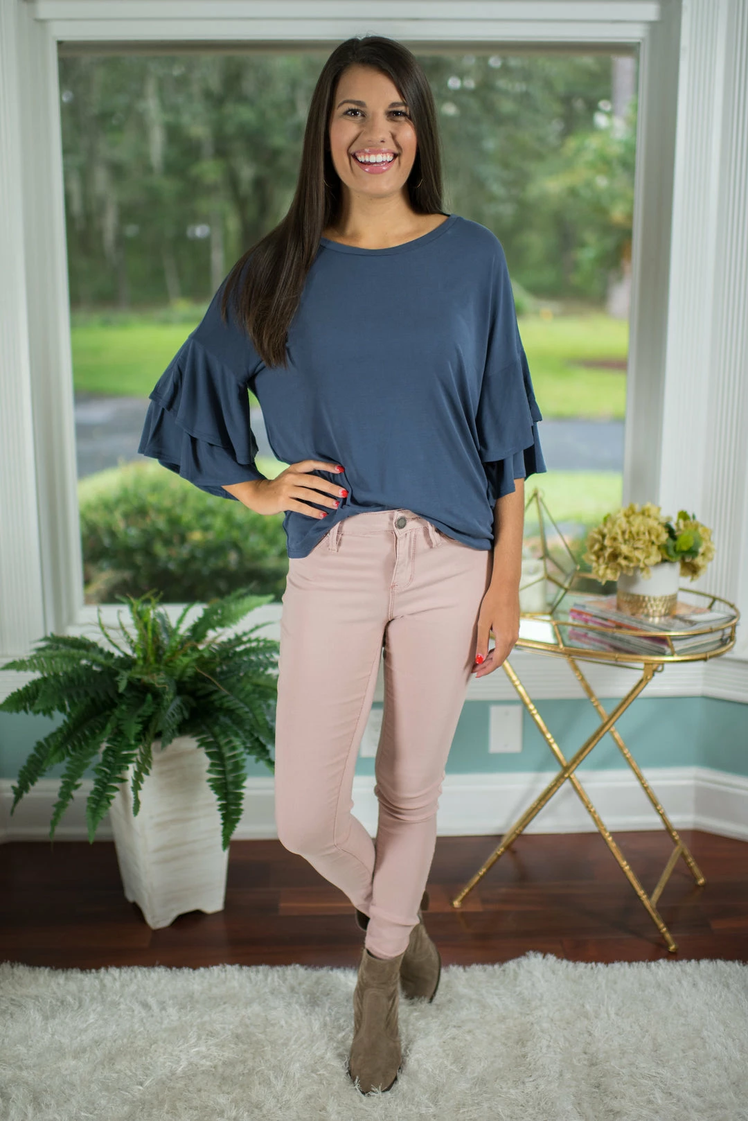 Timing Navy Ruffle Sleeve Top Tops 1 Timing Navy Ruffle Sleeve Top Tops