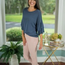 Timing Navy Ruffle Sleeve Top Tops